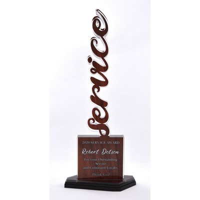 Vertical word on 3 tier asymmetric base with full color imprint. Overall size 12" tall.