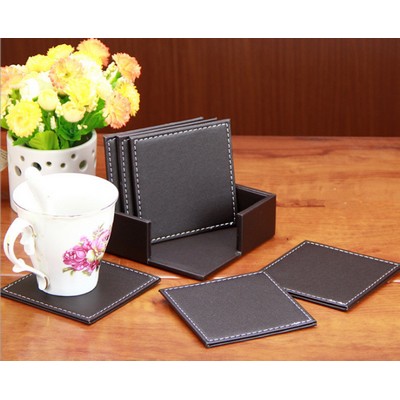 4" PU Leather Square Coaster 6pcs Set