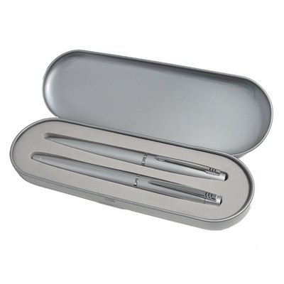 Satin Silver Executive Ball and Roller Ball Pen Tin Box