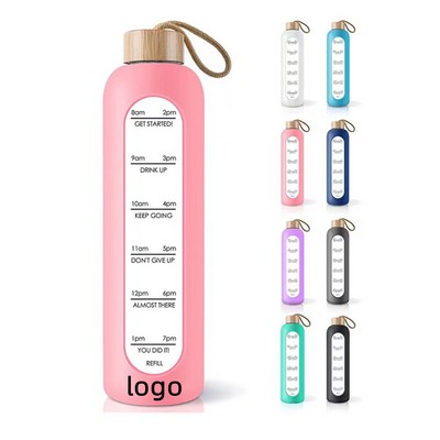 Leak Proof Glass Water Bottle with Time Marker, Water Bottle with Silicone Sleeve and Bamboo Lid,1 L