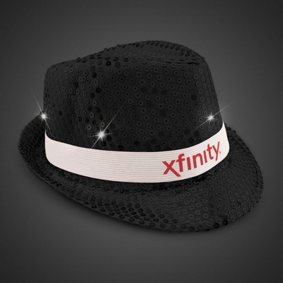 Black Sequin Light Up Fedora Hat w/Silk Screened White Band