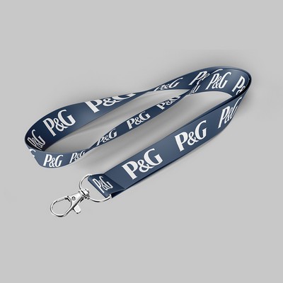 1" Navy Blue custom lanyard printed with company logo with Lobster Hook attachment 1"