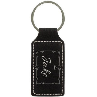 2 3/4" x 1 1/4" Black/Silver Laserable Leatherette Rectangle Keychain