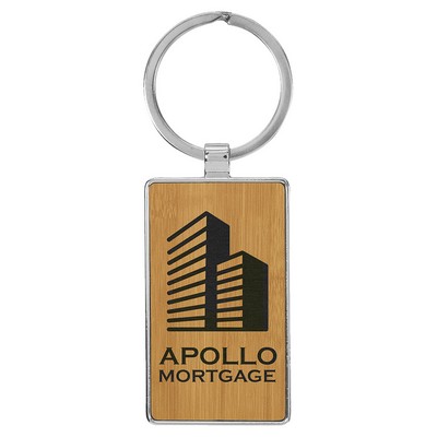 2 3/4" x 1 1/4" Laserable Leatherette/Metal Bamboo Rectangle Keychain