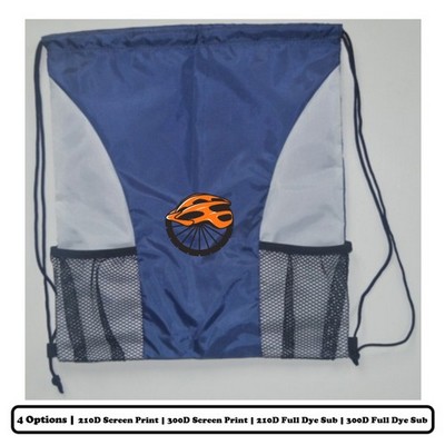 Solid Multi-Panel Polyester Drawstring Bag With 2 Mesh Bottle Holders - Screen Print, Heat Press