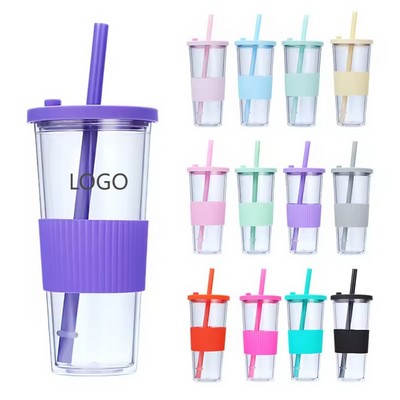 24 Oz. Double Wall Clear Plastic Tumbler w/Lid and Straw