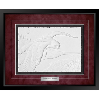 Snowy Owl (Black/Burgundy) - Cast Paper Sculptured Art - Shadowbox Plaque 18"x22"