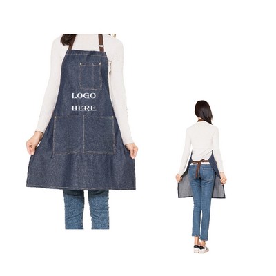 Adult Denim Halter Apron With 4 Pockets