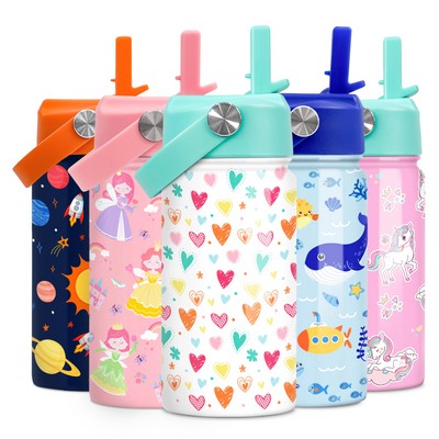 Kids Water Bottle with Straw Lid - 12 Oz Insulated Stainless Steel Heart Water Bottles for Toddlers