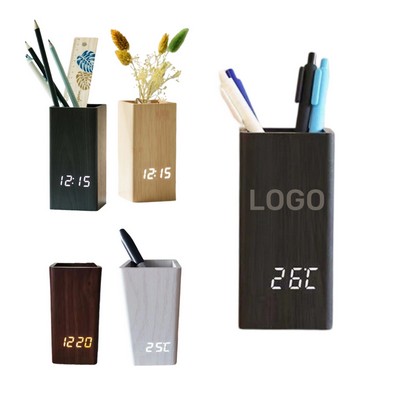 LED Wooden Pen Holder Clock with Temperature, Time, and Date