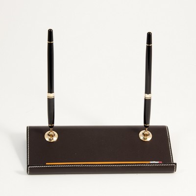 Double Pen Stand - Brown Leather