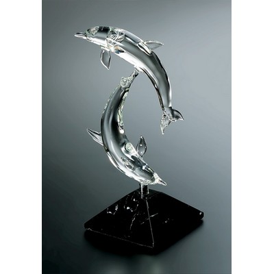 Hand Blown Crystal Playful Dolphins Figurine w/ Marble Base