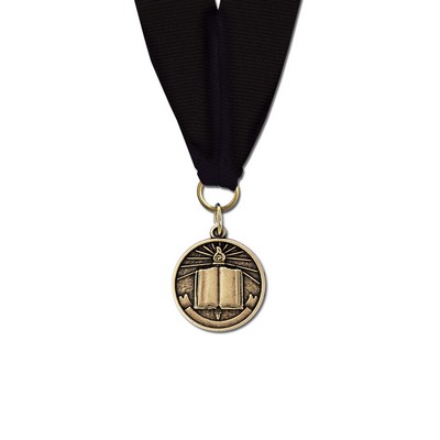 1 1/8" Open Book Cast CX Medal w/ Grosgrain Neck Ribbon