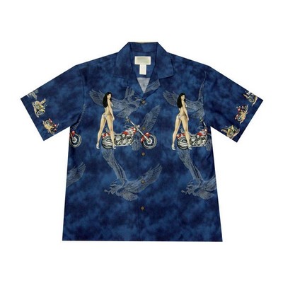 Navy Hawaiian Border Print Cotton Poplin Shirt w/ Button Front