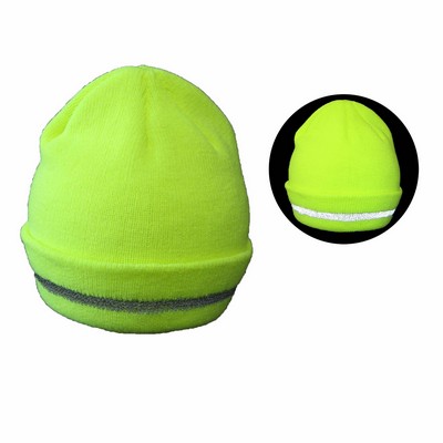 12" Neon Green Safety Reflective Beanie Hat Cap Folded Beanie