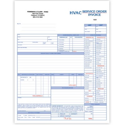 2 Part HVAC Service Order/Invoice Forms - 8½"x 11"