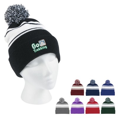 Two-tone Knit Pom Beanie With Cuff