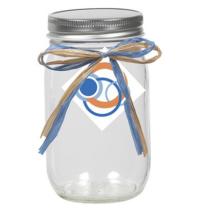 16 Oz. Glass Mason Jar w/ Raffia Bow (Empty)