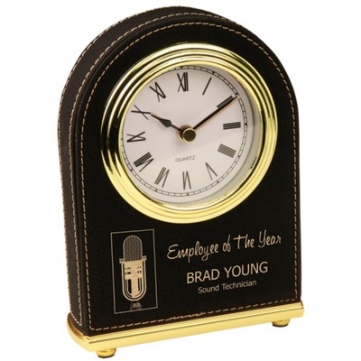 Leatherette Desk Clock - Black/Engraves Gold