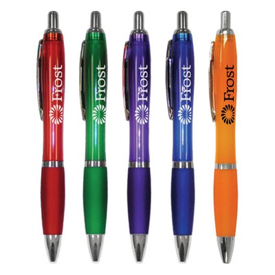 Union Printed "Rio Retractable" Clear Colored Barrels Click Pen w/ Grip