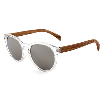 Rounded Zebra Wood Sunglasses - Clear Frames & Mirrored Lenses