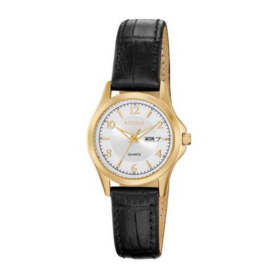 Citizen Ladies' Quartz Watch, Black Leather Strap with Silver Dial