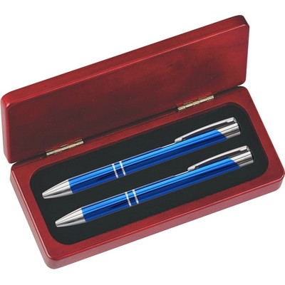 JJ Series Blue Pen and Pencil Set in Rosewood Presentation Gift Box