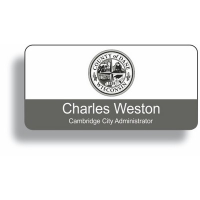 Enameled white metal badge, Frameless Badge w/Full Color Printing (1 1/2"x 3")