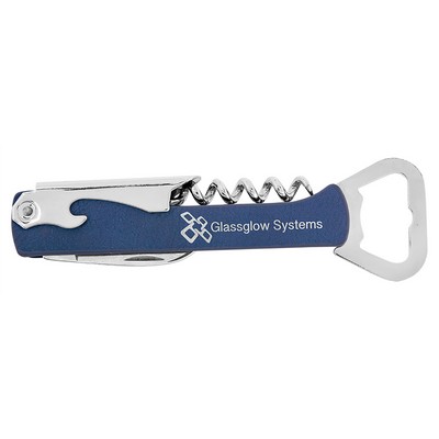 Blue-Silver Corkscrew Bottle Opener, Laserable Leatherette, 1-1/8"x5-1/4"