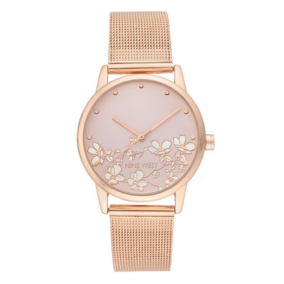 Nine West® Women's Rose Gold Floral Dial Mesh Bracelet Watch