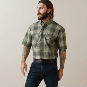 Men's Rebar® Made Tough DuraStretch™ Slit Green Plaid Short Sleeve Work Shirt