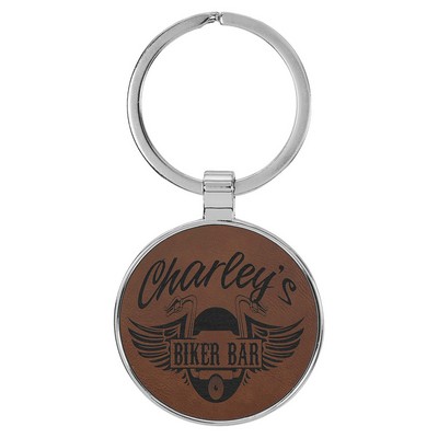 1 1/2" Laserable Leatherette/Metal Dark Brown Round Keychain