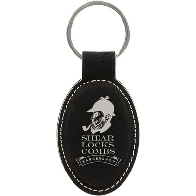 3" x 1 3/4" Black/Silver Laserable Leatherette Oval Keychain