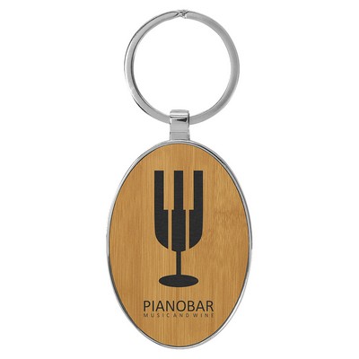 3" x 1 3/4" Laserable Leatherette/Metal Bamboo Oval Keychain