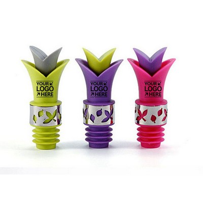 Silicone Wine Bottle Stopper/Pourer w/Stainless Steel Accent Flower