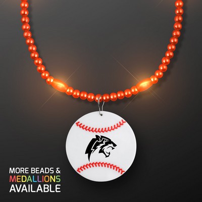 Orange LED Bead Necklace with Baseball Medallion - Domestic Imprint