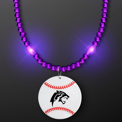 Purple LED Bead Necklace with Baseball Medallion - Domestic Imprint