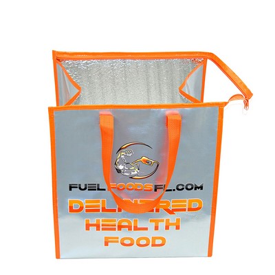 Custom 145g Metalic Laminated Woven Insulated Delivery Cooler Bag w/Zipper Closure 13"x15"x10"