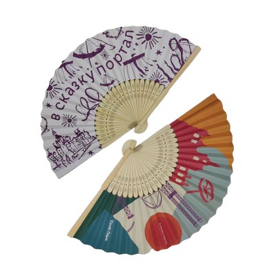 Full Color Custom Folding Paper Fan w/Bamboo Handle