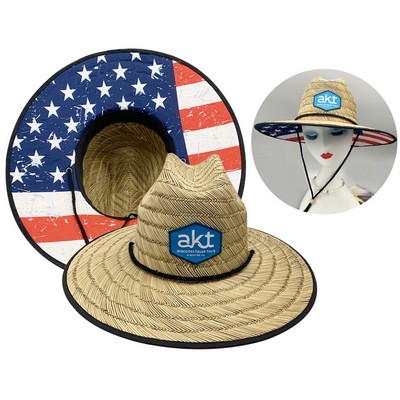 Large Wide Brim Straw Lifeguard Hat w/Full Color Patch & Underneath - MOQ 50