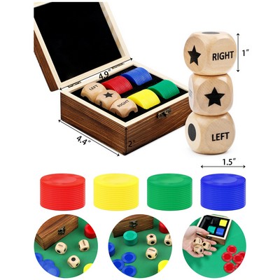 3 1-inch Wooden Dices and 48 Pcs Chips in Wooden Box Left Right Center Dice Game Set