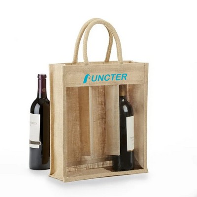 Eco-Friendly Burlap 3 Bottles Wine Bag Jute Wine Tote w/ Window