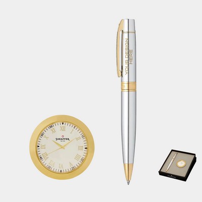 SHEAFFER® Executive Gift Set Bright Chrome 300 Ballpoint Pen with Table Clock