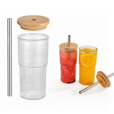 20 oz Drinking Glass Cup with Bamboo Lid and Stainless Steel Straw