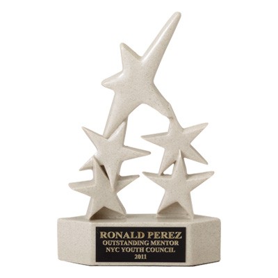 8-3/8" Cast Stone Beige 5-Star Trophy w/Engraving Plate