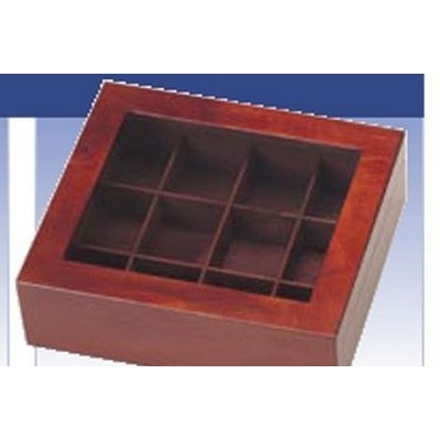 Wood Tea Box w/Glass Lid (10 5/8"x9 3/8"x3 1/4")