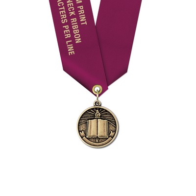 1 1/8" Open Book Cast CX Medal w/ Satin Neck Ribbon