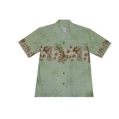 Green Hawaiian Border Print Cotton Poplin Shirt w/ Button Front