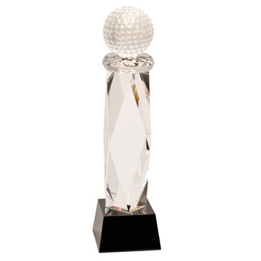 11" Crystal Golf Ball on Facet Column w/ Black Base (Laser Engraved)