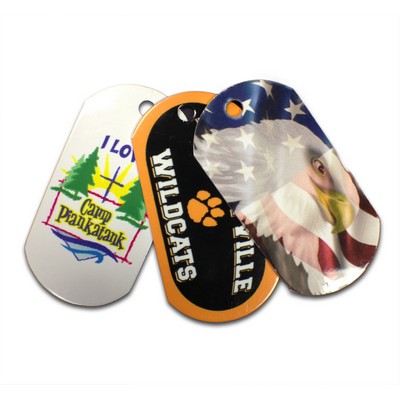 Military style Aluminum Dog Tag shaped key tag (1 1/8" x 2 1/4") w/ a full color imprint. USA